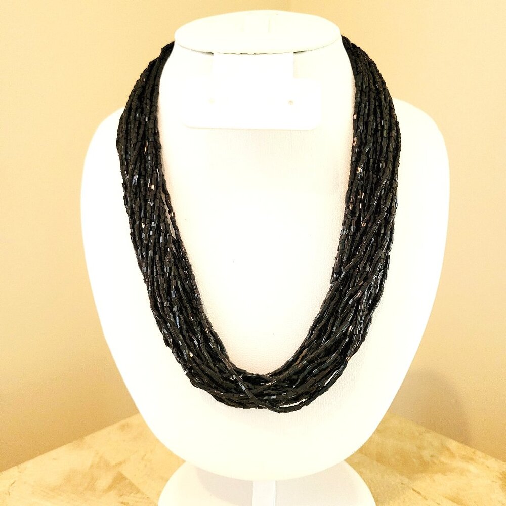 Vintage 1980s 24-Strand Iridescent Black Beaded Necklace Statement Piece
